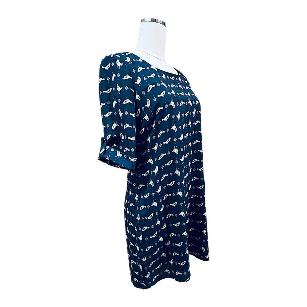 LILY ROSE Womens Shirt Dress Size Medium Bird Navy Blue Preppy Casual Shift Mini - Picture 2 of 16
